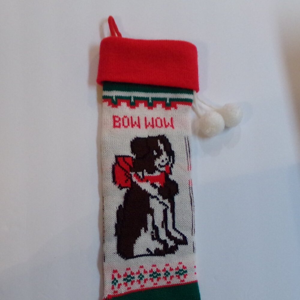 Vintage Christmas Stocking Brown Dog Pet Sweater Knitted Pom Pom Red Green
